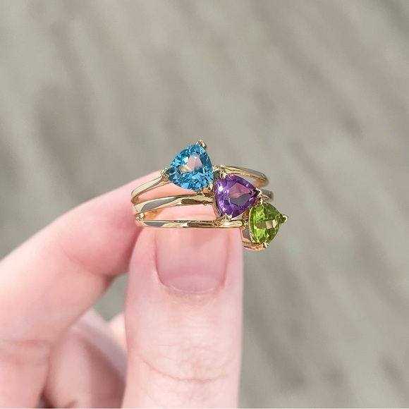 10K Rainbow amethyst Swiss blue topaz peridot trillion harem yellow gold CI ring - Picture 3 of 8